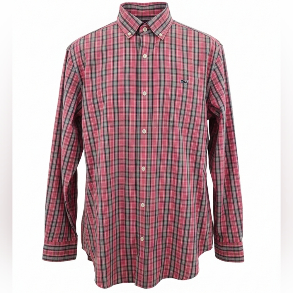 Vineyard Vines Whale Shirt Mens L Pink Gray Plaid Classic Fit Cotton ButtonDown